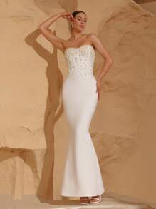 Nuevo vestido de novia blanco con perlas sin tirantes, vestido formal para fiesta de vacaciones, vestido de invitada de boda - Blanco - Ver 1
