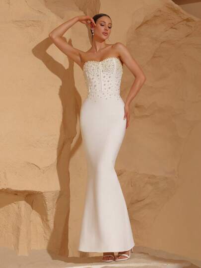 New Sexy Strapless White Pearl Bridal Gown, Holiday Party Formal Dress, Wedding Guest Dress