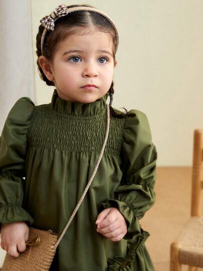 SHEIN LMoss Kids LMoss Baby Girl Cute Solid Color Ruffle Puff Sleeve Long Sleeve Dress, Autumn, For Christmas