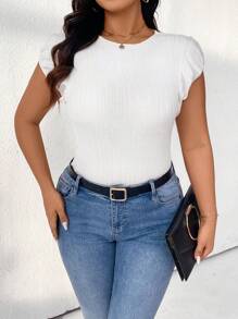 SHEIN LUNE Plus Size Summer Casual Solid Color Short Sleeve Knitted Top - White - View 5