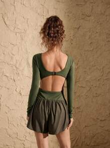 VARSITIE 大圆领长袖镂空拼接女士户外连体衣 - 軍綠色 - 查看 2