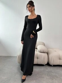 Firerie 女士优雅性感露背蝴蝶结金属装饰长袖紧身黑色连衣裙，适合派对和海滩