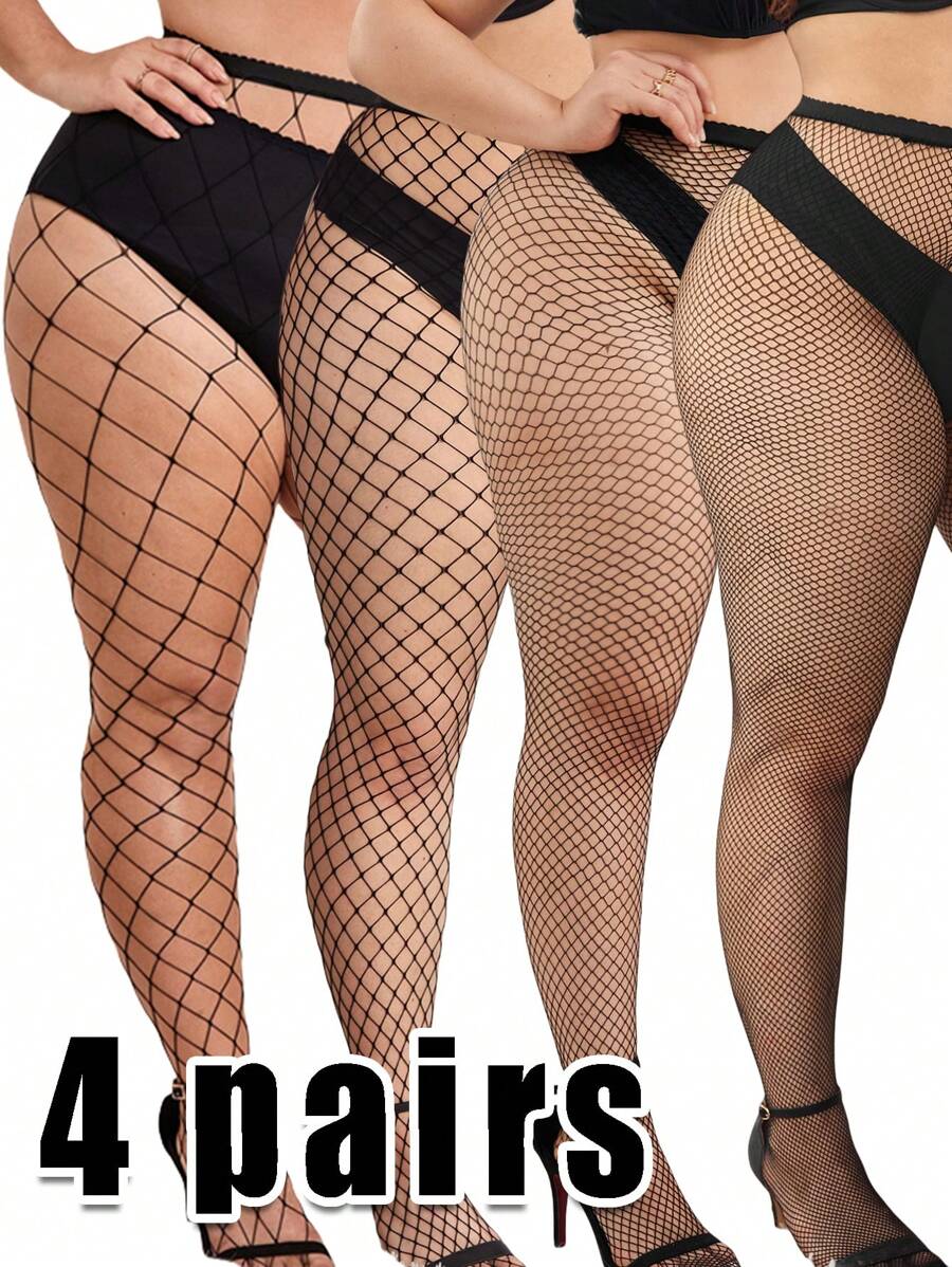 4pcs/pack Plus Size Fishnet Stockings - Black - View 1