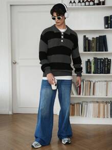 Manfinity Roghcode 男士休闲拼色条纹毛衣，春季和秋季 - 彩色 - 查看 7