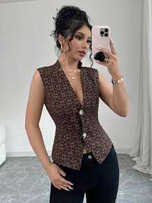 Chiquease Textured Jacquard V-Neck Vest Suit Jacket - Brown - View 1