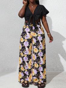 Breezaya Women's Straps Short Strappy Ruffle Sleeve Solid Color Top + Printed Pants Color Block Two-Piece Set - Black - View 6