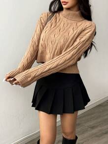 Flirla Solid Color High Collar Twist Sweater For Women Knit Pullover Fall Winter Outfit