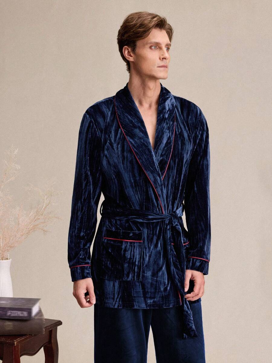 Men's Contrast Trim Shawl Collar Loungewear Top