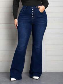 EMERY ROSE Plus Size Women's Elastic Waist Denim Skinny Flared Pants With Multiple Buttons
