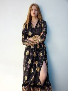 Maija Vintage Print Ruffled Hem Pleated Long Dress, Suitable For Spring/Summer Resort, Beach Festival