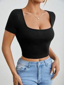 SHEIN PETITE 3pcs/Set Women Summer Casual Square Neck Short Sleeve Slim Fit T-Shirts, Simple Black White Grey Design