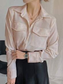DAZY Blusa casual de mujer con cuello suelto, parche y bolsillo, blusas de mujer de manga larga para otoño - Albaricoque - Ver 3