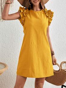EMERY ROSE Vacation Woven Solid Ruffle Trim Fitted Mini Dress For Women - Yellow - View 4