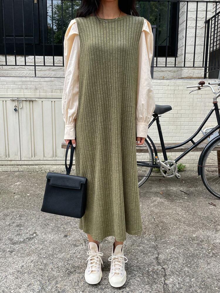 Women's Crew Neck Ribbed Color-Block Long Sleeve Dress Maxi Dress
