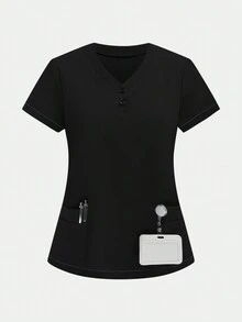 SHEIN TaskFit V 领短袖 3 色双口袋休闲制服手术服上衣衬衫、手术服、健康检查手术服制服手术服上衣女士纯色宠物美容工作服手术服上衣套装营养师工作服短袖实验室工作服 - 彩色 - 查看 6