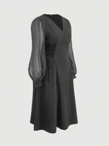 SHEIN MOD 大码灯笼袖腰带甜美浪漫修身连衣裙 - 黑色 - 查看 5