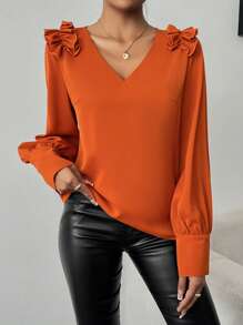 SHEIN Clasi 女士纯色泡泡袖褶饰花朵装饰纽扣简约衬衫，日常休闲 - 亮橙色 - 查看 5