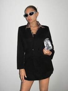 SHEIN ICON Loose Fit Leopard Print 2 In 1 Collar Spliced Suit Jacket - Black - View 1