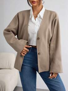 SHEIN EZwear 休闲纯色前扣口袋长袖宽松女式大衣 - 棕色 - 查看 4