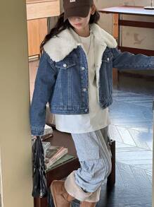 DAZY Tween Girls Contrast Color Fluffy Collar Long Sleeve Denim Jacket,Thermal Lined Fall,Winter - Blue - View 7