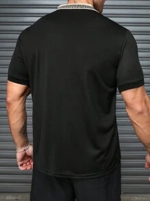 Manfinity Homme Men's Geometric Print Half-Zip Short Sleeve Polo Shirt - Black - View 2