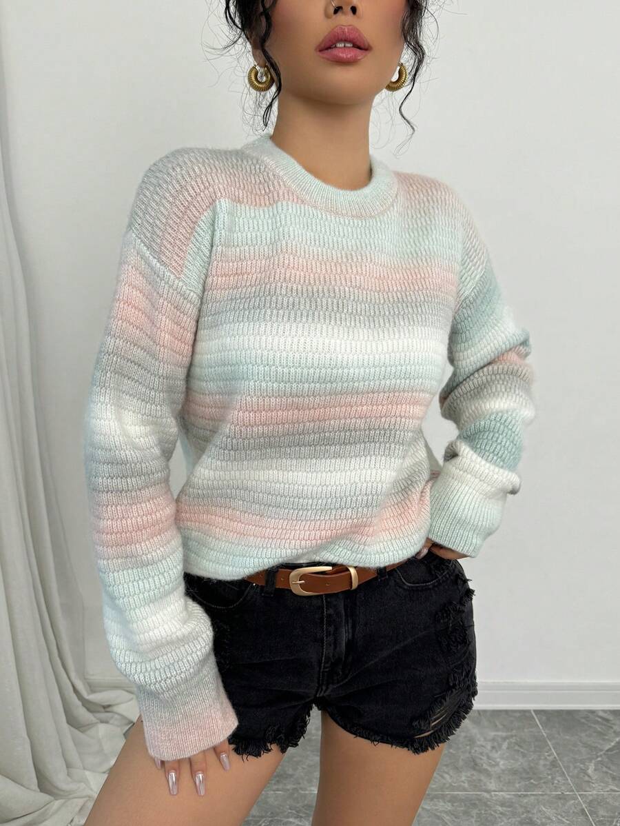 Chiquease Suéter casual de rayas degradado para mujer para otoño e invierno