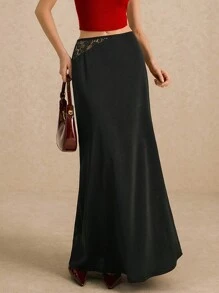 Poéselle Elegant Black Maxi Skirt With Lace Waist Detail: Sophisticated Long Skirt For Business And Casual Wear Featuring Asymmetric Cutout Lace Panels Versatile Office To Evening Attire Perfect For Formal Occasions Chic Professional Women's Fashion Statement Piece Graceful Daily Wear With Timeless Appeal Ideal For Business Casual And Formal Events - Black - View 5