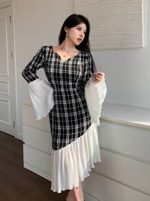 Modelyn 女式优雅格子 V 领喇叭袖荷叶边下摆长款连衣裙，适合春秋季节 - 彩色 - 查看 5