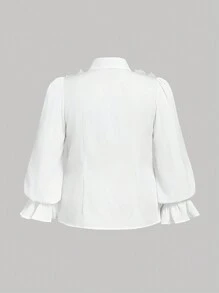 SHEIN MOD Blusa negra de manga farol con volantes, lazo y estilo vintage para tallas grandes - Blanco - Ver 2