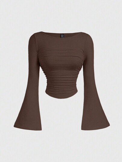 SHEIN MOD T-shirt décontracté pour femme à col bateau, manches évasées, taille froncée, couleur unie