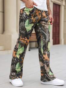 Manfinity LEGND Men's Casual Botanical Print Straight Leg Pants - Green - View 1