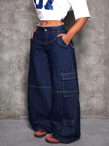 SHEIN ICON Quần Jeans Ống Rộng Rộng Rãi Thường Ngày Có Túi Cho Nữ - Màu xanh lam - Xem 4