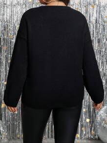 SHEIN Clasi 大码女式宽松针织开衫，带蝴蝶结装饰，适合冬季 - 黑色 - 查看 2