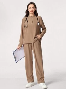 TaskEZ 1set Solid Long Sleeve Top And Pants Nursing Scrub Uniform Set - Khaki - View 1