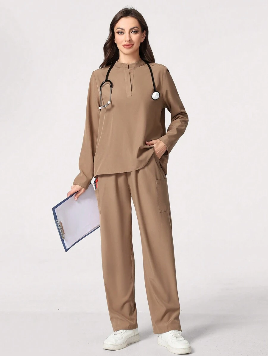 TaskEZ 1set Solid Long Sleeve Top And Pants Nursing Scrub Uniform Set - Khaki - View 1