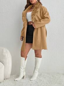 SHEIN Clasi 大码优雅休闲毛领夹克，秋冬款 - 卡其色 - 查看 4