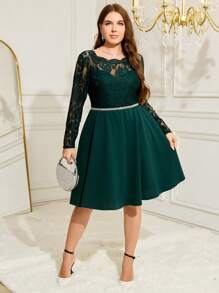 Reflora 大码橄榄绿色蕾丝拼接秋千裙，秋季派对/狂欢节连衣裙 - 綠色 - 查看 1