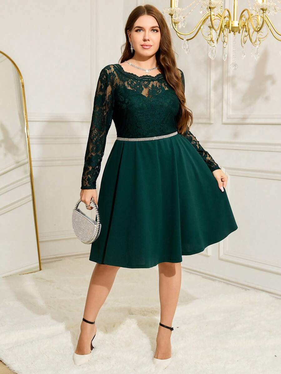 Reflora 大码橄榄绿色蕾丝拼接秋千裙，秋季派对/狂欢节连衣裙 - 綠色 - 查看 1