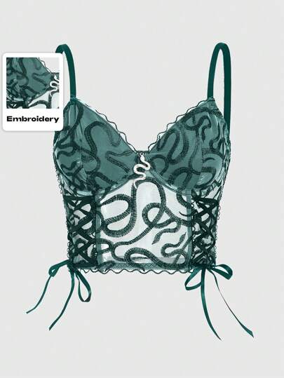 Goth Sexy Snake Embroidery Tie-Up Sheer Lace Mesh Cami Top For Women Graphic Tees Women Tops