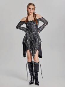 SHEIN 1 pieza Vestido de manga larga ajustado con estampado metálico para niña adolescente, primavera y otoño - Negro - Ver 3