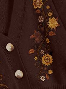 ROMWE Hippie Women's Boho Style Floral Embroidered Front Button Long Sleeve Cardigan - Coffee Brown - View 2