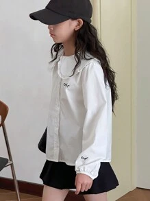 DAZY 少女字母刺绣衬衫，秋装 - 白色 - 查看 4