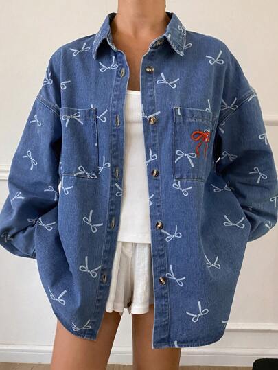 Livesso Women's Denim Jacket With Bow Print And Pockets, Long Sleeve,Back To School Clothes