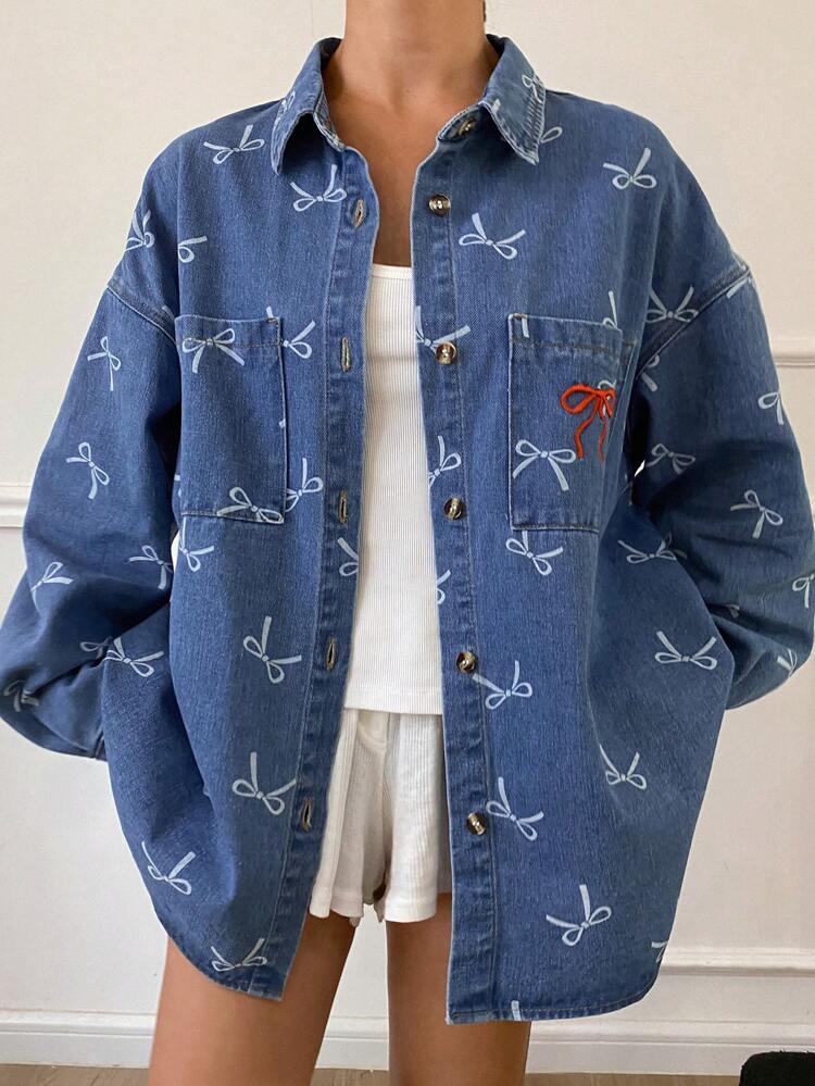 Women's Denim Jacket With Bow Print And Pockets, Long Sleeve,Back To School Clothes