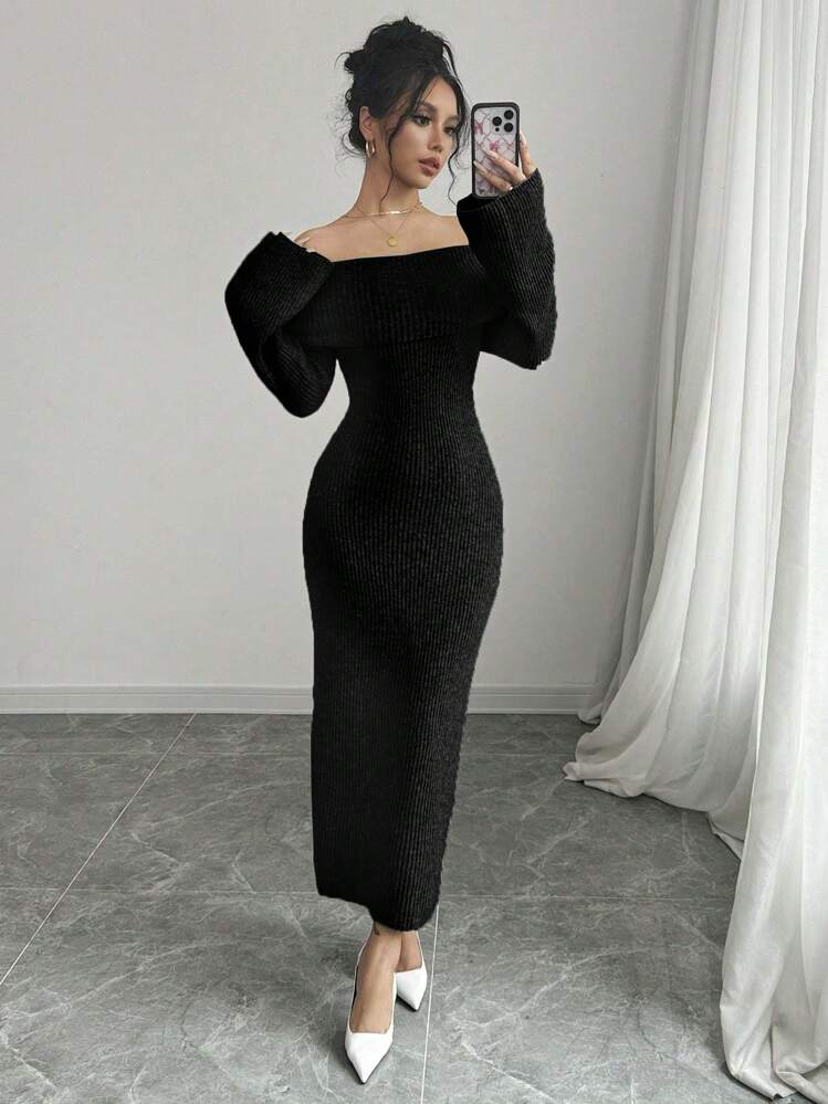 Elenzga Robe pull maxi élégante ajustée à manches longues et épaules dénudées, pour femmes, automne hiver