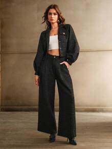 Anewsta Bộ 2 quần ống rộng phong cách đô thị cho nữ và áo khoác tay dài dáng rộng - màu đen - Xem 2