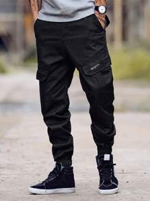 Manfinity Roughcore Loose Fit Men's Camo Print Flap Pocket Cargo Pants - Black - View 1
