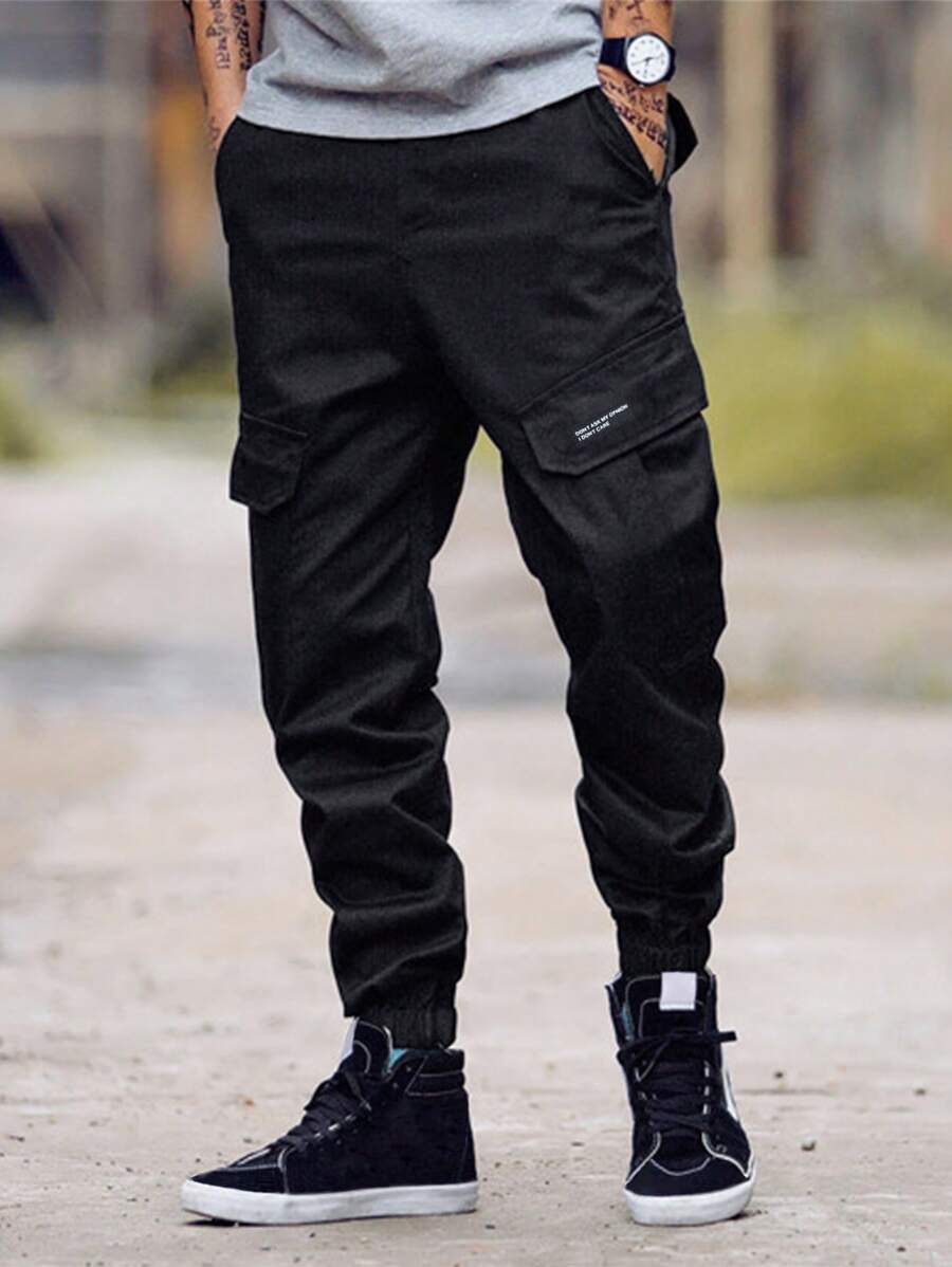 Manfinity Roughcore Loose Fit Men's Camo Print Flap Pocket Cargo Pants - Black - View 1