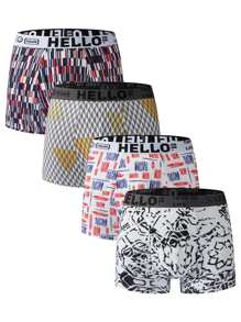 Men's Simple Printed Letter Elastic Waistband Boxer Shorts , 4 Pcs - Multicolor - View 2