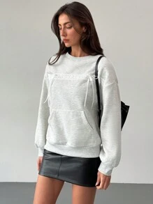 Aloruh Adorable Crew Neck Thermal Lined Bow Accent Pocket Women Sweatshirt - Light Grey - View 4